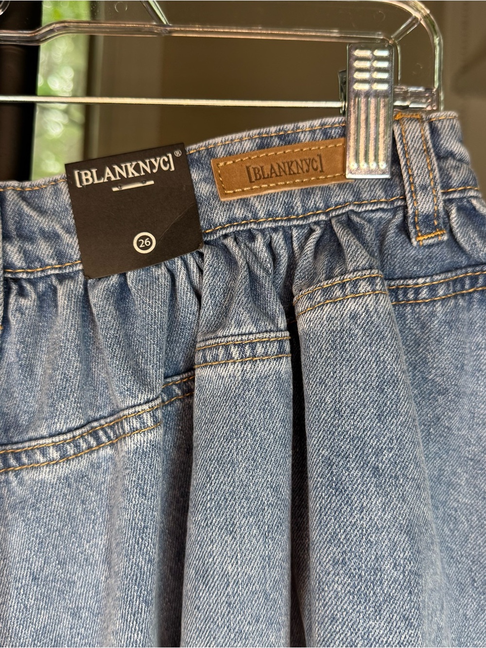 Blank NYC Light Wash Denim Pleated Gathered Waistband Mini Skirt - Picture 4 of 7